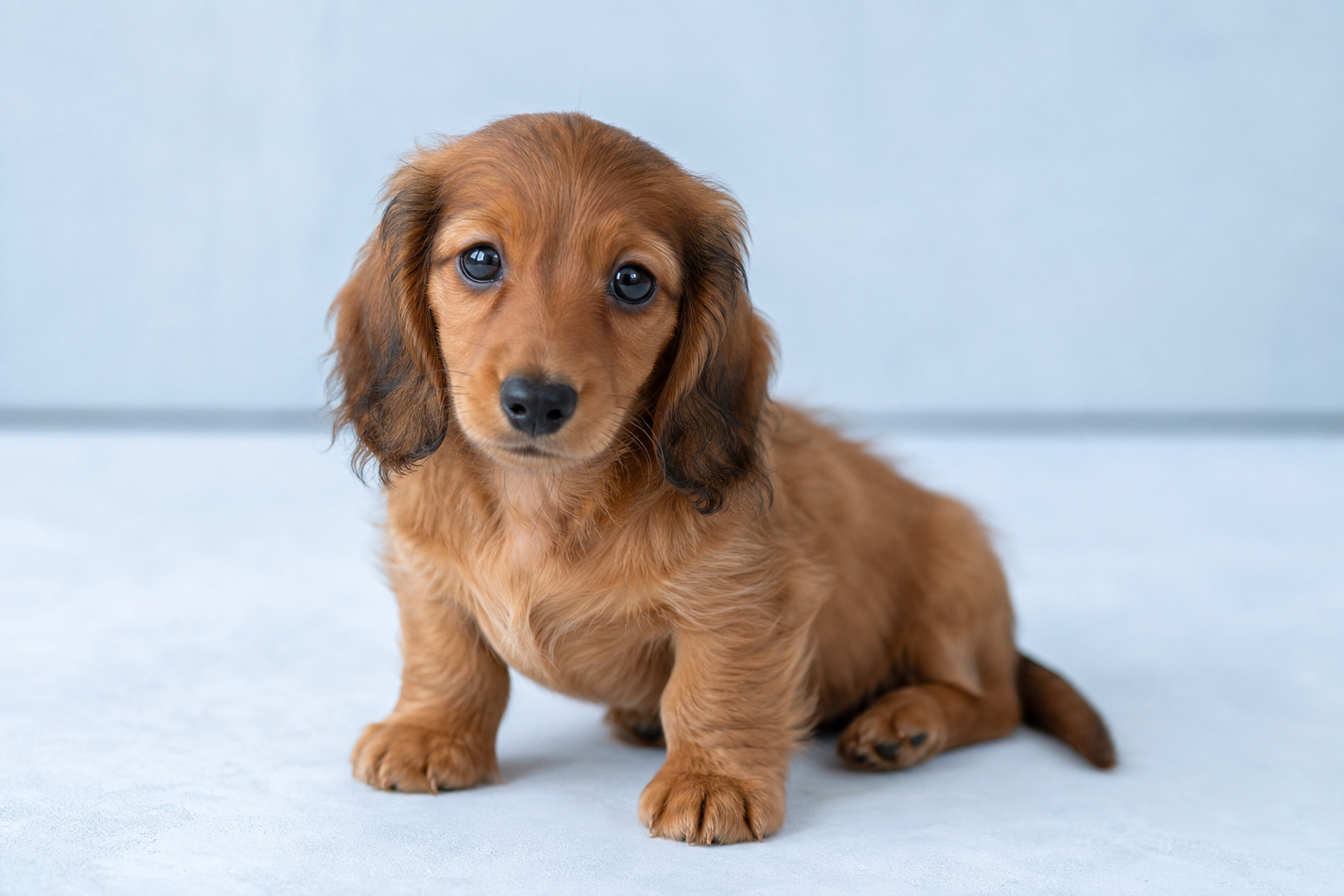 Chiot teckel nain à poil long roux assis sur fond clair